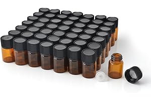 Enslz, mini bottigliette vuote per olio essenziale, 1 ml (1/4 dram) 2 ml (5/8 dram) in vetro ambrato con riduttore e tappo, con 2 contagocce contagocce per occhi (50 pezzi)