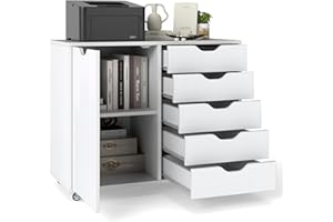 CASART Rolling File Cabinet, 5/7 Drawers Freestanding Storage Organizer Cupboard on Wheels, Home Office Lateral Filing Chest (White, 5 Drawers + 1 Door)