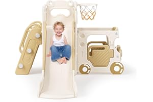 KROVTOY Scivolo per bambini, scivolo per bambini piccoli indipendente con canestro da basket, attrezzatura per parco giochi con scivolo per bambini, scivoli per bambini all'aperto (Caffè-4 in 1)