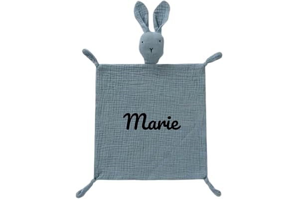 Doudou personnalisé - Doudou lapin 100% double gaze de coton - Broderie avec le nom du bébé, fille/garçon - idéal pour cadeaux, naissances, baptêmes (Bleu)