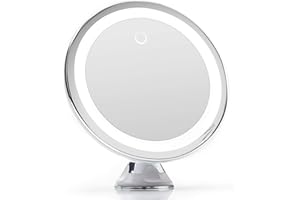 ‎FANCII Fancii Kosmetikspiegel mit Dimmbares LED Licht, 10-facher Vergrößerung, USB oder Batterie, Starker Saugnapf, 20 cm Breit Make-Up Vergrößerungsspiegel mit Blendfreier Beleuchtung (Weiß)