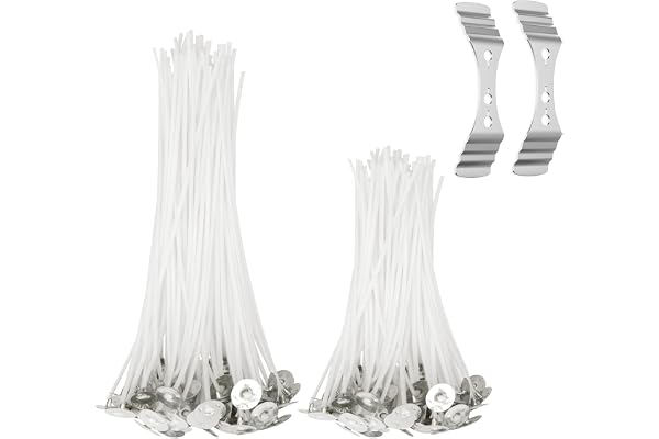 VOCIBO 100 Pièces Meche Bougie, Mèche Bougie & 2 Porte Mèche pour Bougie, Meches pour Bougies, Meche pour Bougie, Meche De Bougie, Mèches De Coton Naturel pour La Fabrication de Bougies DIY (4in/6in)