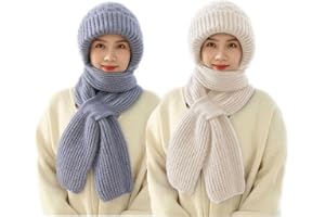Menore Verdickte Integrierter Gehörschutz Winddichte Mütze Schal, Warme 2 in 1 Maskenschal Strickmütze, Winter Kapuzenschal für Frauen