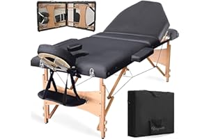 Vesgantti Portable Massage Bed Table - 3-Section Foldable Beauty Couch for Reiki Therapy Treatment Salon Healing - Metal Headrest Support/Carry Bag (Black)