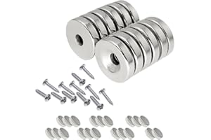 JRJRN 32 Pezzi Magneti Neodimio Forza Set, Permanente Raro Magnete Circolare con Foro Svasato, Rotondo Potente Magnete con 12 Viti per Frigorifero Lavagna Bianca(5mm/10mm)
