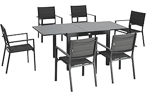 Outsunny Conjunto Muebles de Jardín 7 Piezas de Aluminio Juego de Comedor Exterior con Mesa Extensible y 6 Sillas Apilables y Asiento de Texteline 90-180x89x74 cm Gris