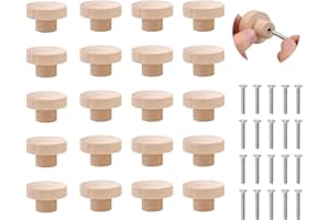 HIQE-FL Pomos Redondos de Madera,20 Piezas Tiradores para Cajones Madera,Pomos para Cajones con Tornillos,Tiradores de para armarios y Puertas para Niños,Ideal para Cajones (B)
