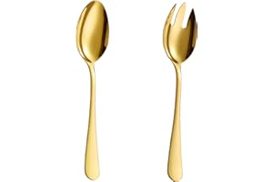 Velaze Juego de Cubiertos para Ensalada, Set 2 Piezas con Cuchara y Tenedor de Acero Inoxidable 18/10, Oro(25cm)