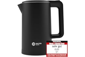 Balter Wasserkocher Edelstahl WK-4, 1,7 Liter, elektrischer Wasserkocher, Doppelwand Design, BPA frei, LED, Teekocher Kompakt, leise (Schwarz)