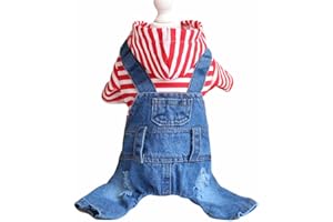 feiling Hundeshirt Kleine Hunde Vier-Beine Jeans Overall Bequeme Hunde Denim Bekleidung Hundekostüm mit Kapuze Haustier T-Shirt für Welpen, Kleine und Mittlere Hunde (M, Rot)