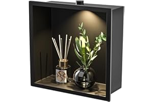 Bernkot Stainless Steel Shower Niche 12" X 12" Matte Black with Round Led Light No Tile Needed Wall Niche Recessed Shower Shelf for Bathroom Over Mount Installation