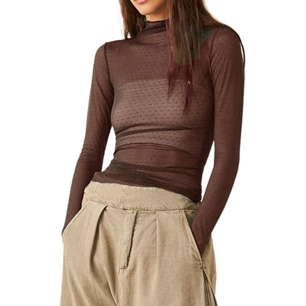 T-Shirt Femme En Voile Transparent - Manches Longues, Col Rond - Polyester Lavable Machine