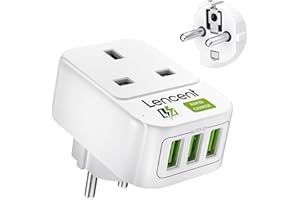 LENCENT UK to EU Euro Europe Plug Adapter with 3 USB Ports, Grounded European Travel Adapter with 3 USB Ports for Spain Germany France Portugal Greece Russia Netherlands Turkey and more (Type E/F)