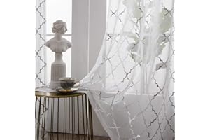 YJ YANJUN White Voile curtains 72 inch Drop Pair Silver Foil Net Curtains for Windows Fresh Sheer Curtains for Bedroom Metallic Voile Panel for Dining room Living Room 132cm Width x 183cm Drop White Silver