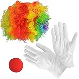 Jerbro Clown Costume Set of 4 Clown Rainbow Wig Clown Nose White Gloves for Clown Parties Carnivals Pretend Play