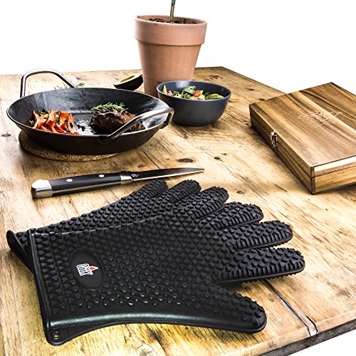 TheCook Silikon- Grillhandschuhe schwarz TheProtector, schützen die ganze Hand, bis +230 °C, 1 Paar Ofenhandschuhe, Silikon-Backpinsel und Metallhaken gratis, in eleganter Geschenkbox - 6