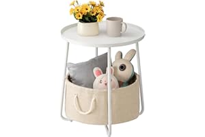 danpinera Kleiner runder Beistelltisch, Metall Beistelltisch mit Aufbewahrungskorb aus Stoff für Kinderzimmer, Wohnzimmer, Schlafzimmer, Badezimmer, Weiß