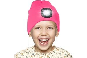 Attikee Kids LED Beanie with Headlamp - Rechargeable 4 LED Lighted Hat with Torch, Adjustable Brightness Winter Knit Cap for Cycling, Running, Camping, Night Walking for Boys & Girls