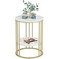 Marble Top Side Table Gold: Small Circle End Tables 40 x 54cm Sintered Stone Bedside with Metal Golden Legs Modern White Nightstand 2 Tier Round Sofa Coffee Table for Bedroom Living Room Furniture