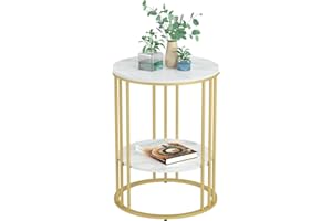 FATIVO Marmurowy stolik pomocniczy złoty: Małe okrągłe stoliki końcowe 40 x 54 cm Spiekany kamień nocny z metalowymi złotymi nogami Nowoczesna biała szafka nocna 2-poziomowa okrągła sofa stolik kawowy