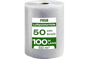 POSH Bubbelfilm 100 m x 50 cm - för Förpackning, Frakt och Skydd | Fyllnadsmaterial för paket, skydd vid flytt, enkel avrullning och tillskärning