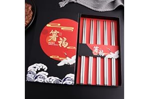 ESTART 5 paia di bacchette argento 304 in acciaio inossidabile riutilizzabile in metallo bacchette a forma quadrata per set da tavola per cena di sushi