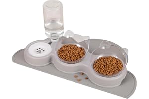 Radsocken 3-in-1 Cat Bowl with Anti-slip Protective Pad,Cat Bowl with Stand Tilted 15°,Double Cat Bowls with Water Dispenser,Petachable Pet Bowl,Anti-Spill and Adjustable Pet Food Bowl