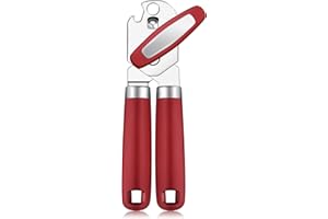 Rainspire Can Opener Manual Handheld Strong Manual Can Opener Smooth Edge Cut, Can Opener Heavy Duty, Comfortable Soft Handle, Built-in Bottle Opener, Red