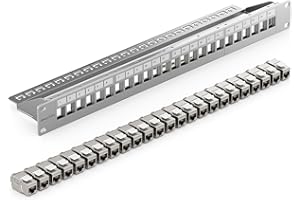 deleyCON 24 Portów Zestaw Paneli Patch Pole Łatki Modułowy 1 HE 19" Calowy Montaż w Szafie + 24x RJ45 Keystone Moduły CAT6a Kompatybilny z CAT5 CAT6 CAT7 LAN Kabel Sieciowy Kable do Układania Szary