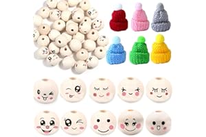 Glamifyr 50 Stück Holzkugeln mit Gesicht und 28 Stück Mützen für Sorgenwürmchen, 20mm Holzperlen mit Gesicht Holzköpfe für Sorgenwürmchen Köpfe Sorgenwürmchen Zubehör,DIY Schmuck Herstellung Handwerk