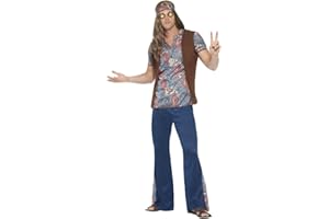 Smiffys Orion the Hippie Costume, Blue with Top, Trousers, Headscarf & Medallion, 1960's Groovy Fancy Dress, Adult Dress Up Costumes
