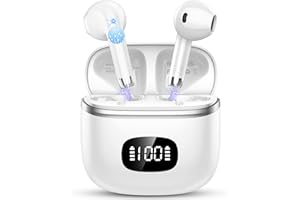 POMUIC Cuffie Bluetooth, Auricolari Bluetooth 5.3 Stereo HiFi con 4 ENC Mic, 40 Ore di Durata, Cuffiette Bluetooth Cancellazione Rumore con LED Display,Touch Control, IPX7 Impermeabili Cuffie Wireless,Bianco