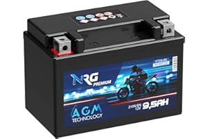 NRG Premium YTX9-BS AGM Motorradbatterie 12V 9,5Ah 210A/EN entspricht Batterie 50812 CTX9-BS ETX9-BS GTX9-BS auslaufsicher wartungsfrei ersetzt 9Ah 8Ah