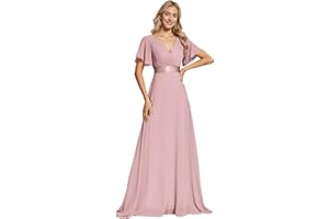 Ever-Pretty Women's Double V-Neck Short Flutter Sleeves Empire Waist Elegant Chiffon Long Evening Dresses 9890