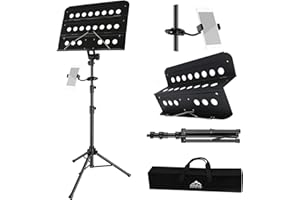 EASTROCK Atril Musica Extensible & Atril Sobremesa 2-EN-1 Ajustable de 106-180cm Soporte para Partituras Plegable con Soporte para Teléfono Móvil