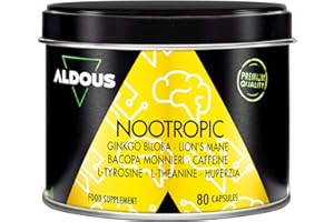ALDOUS BIO Natürliches Nootropic - 80 Kapseln mit je 800 mg - Gedächtnis, Konzentrations Kapseln - Mehr Energie - Ginkgo Biloba, Löwenmähne, Koffein, Bacopa Monnieri, Tyrosin, Theanin, Huperzia - Made in EU