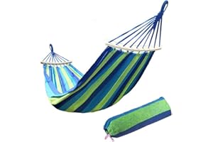 Ruixf Garden Hammock with Wooden Spread Bars and Carry Bag, Portable Canvas Striped Breathable Hammocks Perfect for Patio Yard Outdoors (M - 200cm X 100cm,Blue)