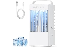 SIODITIN Portable Air Conditioner, 4 in 1 USB Personal Air Cooler, 900ML Mini Evaporative Conditioner Timer, 90° Oscillating 3 Speeds Desktop Fan with Water Mist Spray, 7 LED Light Air Coolers for Home Travel