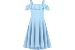 Arshiner Girls Summer Dress Off Shoulder Children's Dress Ruffle Sleeves Elegant Strap Dress Children A Line Swing Dress High Low Dress Casual Dresses with Pocket 4-13Years