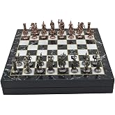 GiftHome Orta Boy Metal Roma Satran&ccedil; Takımı Antik ve Mermer Desenli Sandıklı MDF Tahtası (36x36x6 cm.)