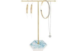 MOOSONO Jewellery Organiser Stand, Metal T-Bar Necklace Display Stand Earrings Display Holder, Hanging Pendant Rack with Marble Pattern Round Tray, Jewellery Stand for Bracelets Rings Keys Watches (Gold)