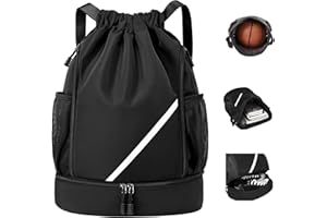 KAVJIZY Drawstring Bags, Waterproof Drawstring Gym Backpack, Large Capacity Drawstring Gym Bag, Swim PE Bags with Shoes Compartment & Water Bottle Mesh Pockets for Sports or Daily Use