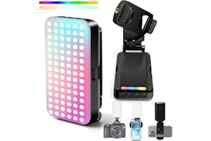 FWIULL Lampa wideo LED RGB z klipsem na telefon komórkowy, dwukolorowe światło wideo, możliwość ściemniania, 3000-6500 K, światło LED do selfie 2000 mAh i 17 trybów oświetlenia RGB, obracane o 360°,