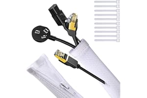 UPXDUMI Cable Tidy Zip Sleeve for PC/TV, 20mm - 2m Desk Cable Management Organisers, Wire Tidy Loom Tube Cord Wrap Protector with 10pcs Reusable Cable Ties for Home, Office, 100cm*2pcs White