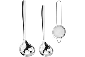 AMANDELIZABE Juego de 2 cucharones de acero inoxidable – Cucharas – Cucharas – Cucharas para salsas para hotel en casa, restaurante cocina, plata, con 1 pieza de colador recto de veteado de 6 cm