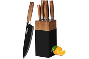 lapelux Kitchen Knife Set - 5 Piece Knife Set with Block, Wood Grain Handle, Stainless Steel Knivese with Chef, Bread, Slicer, Utility, Paring Knife for Cutting Meat/Vegetables/Fruit.…