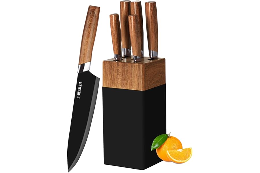 lapelux Kitchen Knife Set - 5 Piece Knife Set with Block, Wood Grain Handle, Stainless Steel Knivese with Chef, Bread, Slicer, Paring Knife for Cutting Meat/Vegetables/Fruit.