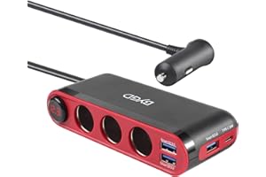 BYGD Zigarettenanzünder verteiler, 12v winkelstecker 18W Quick Charge kfz 12v verteiler,3 USB + Typ C Ports Ladegerät mit 3 Steckdosen Zigarettenanzünder Splitter und LED Spannungsanzeige