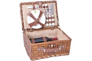 ‎LES JARDINS DE LA COMTESSE Les Jardins de la Comtesse - Picknickkorb Saint Michel aus honigfarbener Weide - Komplett Für 2 Personen - Porzellanteller und Weingläsern/Beige Stoff - 38 x 28 x 18 cm