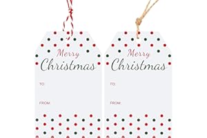 G2PLUS Étiquettes Cadeaux Noël: 50PCS Blanc Etiquette Noel 8,5 x 5,5 cm avec Pois Rouges et Verts et 10m Ficelle pour Emballage, DIY et Décoration Festive